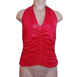 Y2K BH Jeans Shiny Red Hot Glitter Ruched Halter Top‎ Clubwear Party Mcbling M